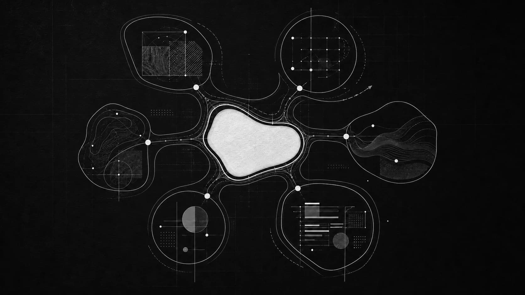 Monochrome diagram of a central system connecting six distinct brand territories